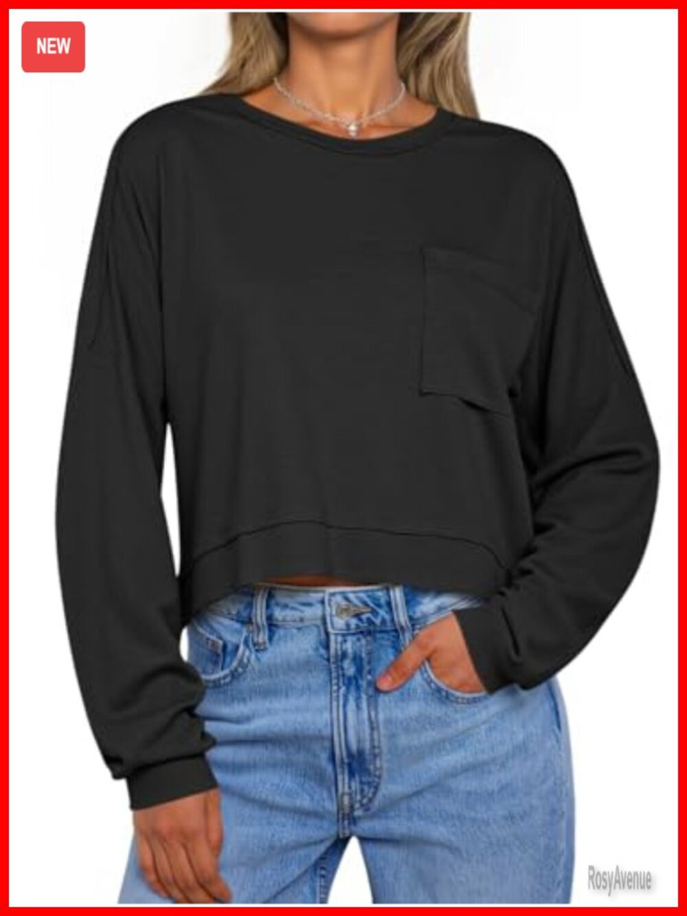 Womens Cropped Long Sleeve Boxy Tee Loose Fit Crew Neck Top
